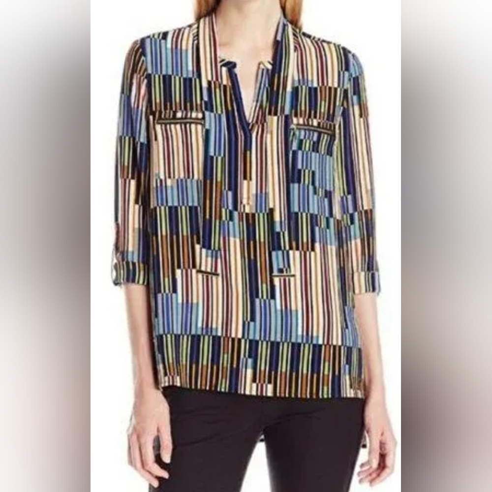 5/$25 Rafaella Multiple Color Geometric Stripes High Low V-Neck Blouse